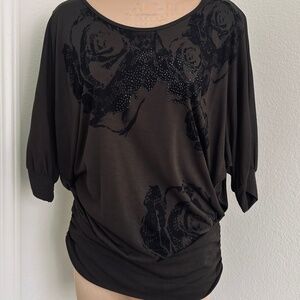 Olive Green Banded Bottom Blouse with Floral Print and Jewel inlay